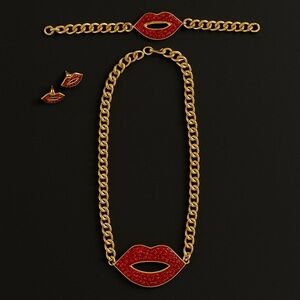 Gold & Red Lip Pendant Jewelry‎ Set Necklace Earrings Bracelet